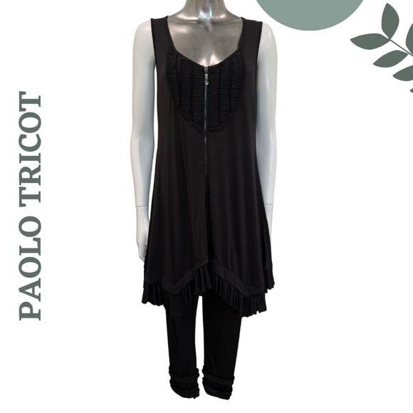 Paolo Tricot Pleated Hem Sleeveless Tunic & Ruched Leggings Set Black | Size S - Picture 1 of 9